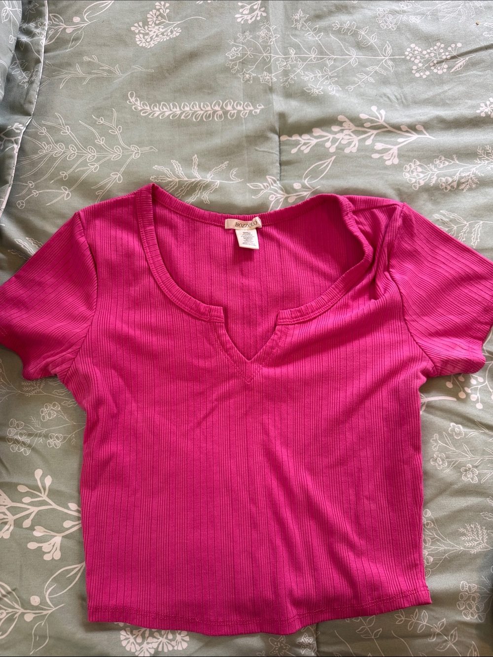 Bozzolo Bright Pink Ribbed Notch-Neck Crop Top